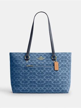 Coach Denim Signature Tote in Light and Dark Blue with Tan Tag